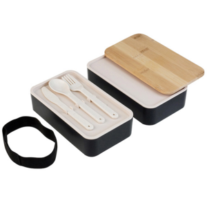 CAS 41, Doble Lunch-Box Polaris Dos recipientes con cinta elástica para sujetar. Tapa de bamboo. Puede introducirse en microondas. Barra divisoria movible. Tapa intermedia con juego de cubiertos: cuchara, tenedor, cuchillo.